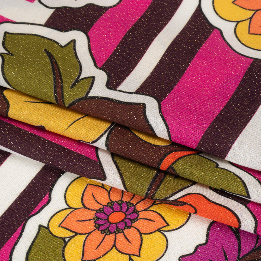 Metallic Viscose Woven Print - Pink Stripes and Florals - Mood Exclusive Countess Clarissa Folded