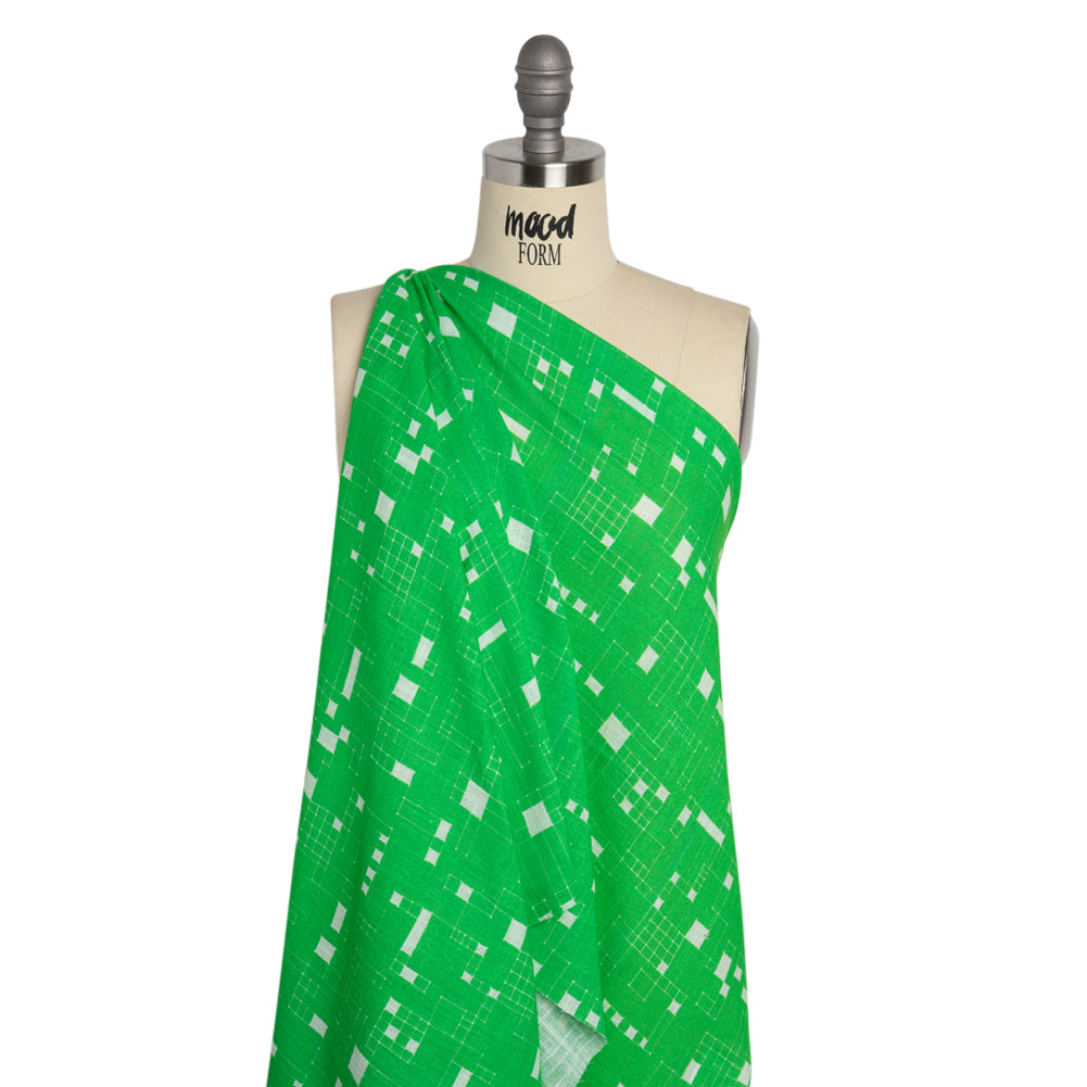 Slubbed Gauzy Cotton Woven Print - Kelly Green Geometric Squares - Mood Exclusive Blocked In Drape
