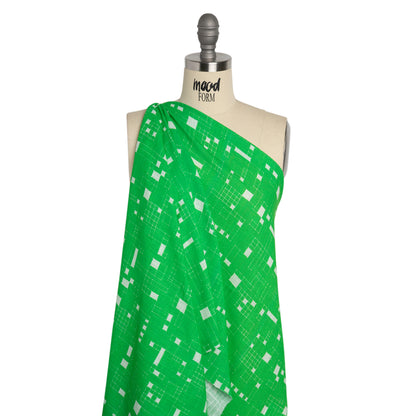 Slubbed Gauzy Cotton Woven Print - Kelly Green Geometric Squares - Mood Exclusive Blocked In Drape