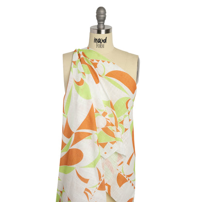 Slubbed Gauzy Cotton Woven Print - Burnt Orange, Lime and White Abstract - Mood Exclusive Circus of Clouds Drape