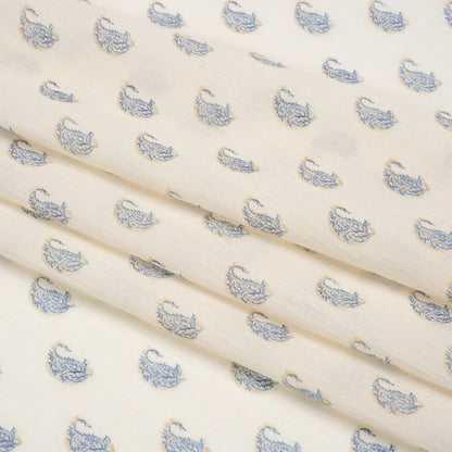 Crinkled Cotton Gauzy Woven Print - Cream and Blue Paisley - Mood Exclusive Bit of Bloom Folded
