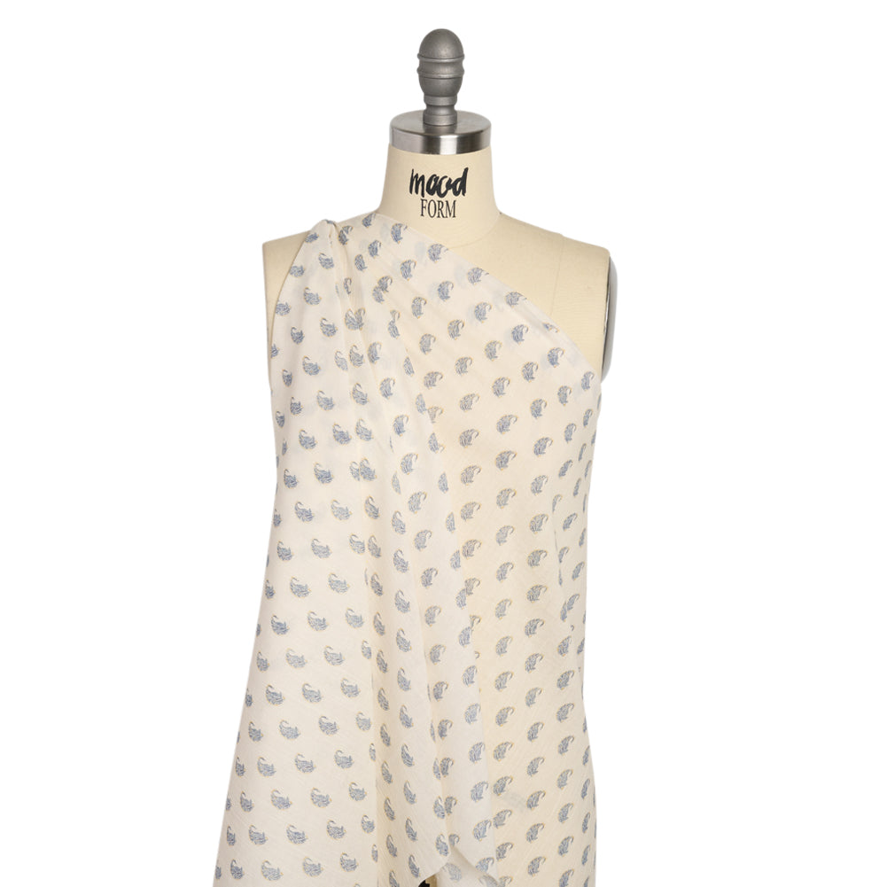 Crinkled Cotton Gauzy Woven Print - Cream and Blue Paisley - Mood Exclusive Bit of Bloom Drape