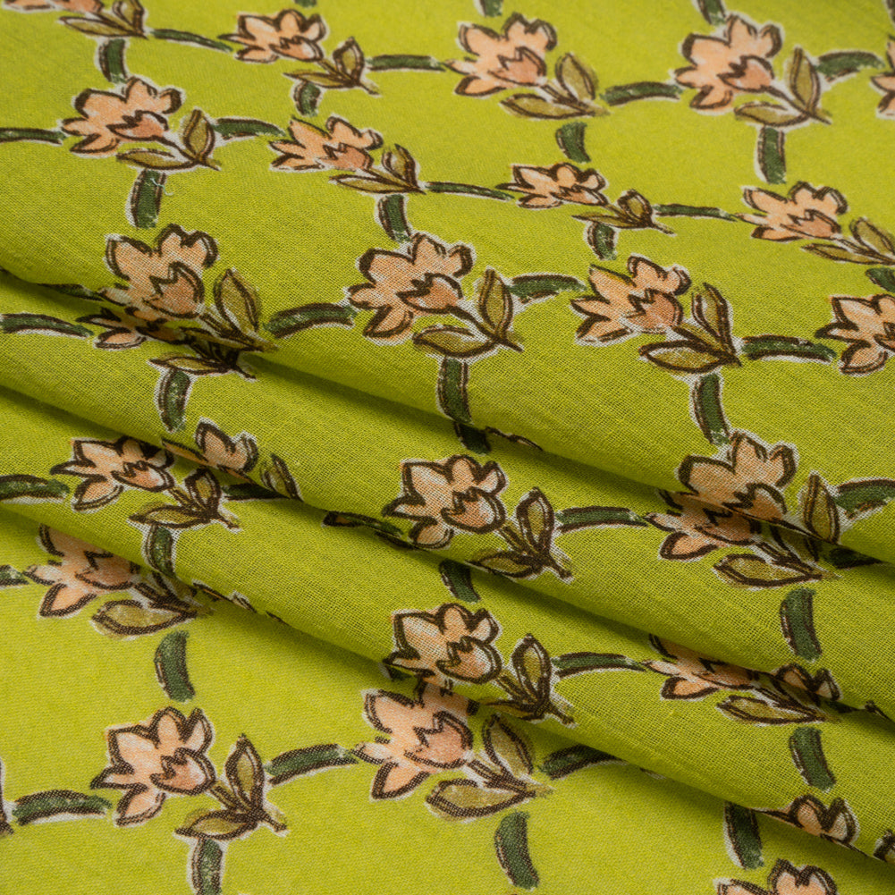 Crinkled Cotton Gauzy Woven Print - Lime Green and Pink Floral Lattice - Mood Exclusive Tulip Trellis Folded