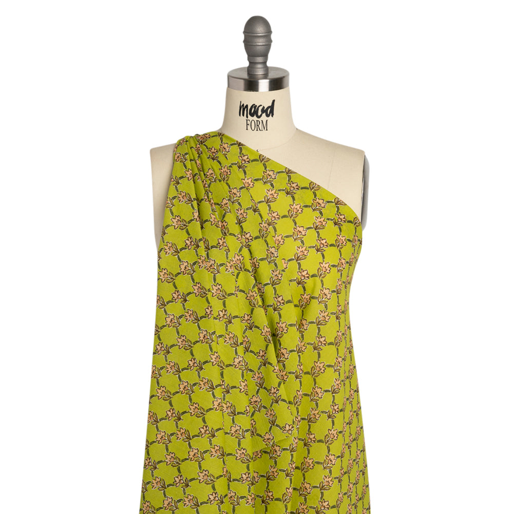 Crinkled Cotton Gauzy Woven Print - Lime Green and Pink Floral Lattice - Mood Exclusive Tulip Trellis Drape