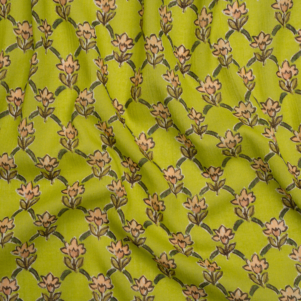Crinkled Cotton Gauzy Woven Print - Lime Green and Pink Floral Lattice - Mood Exclusive Tulip Trellis