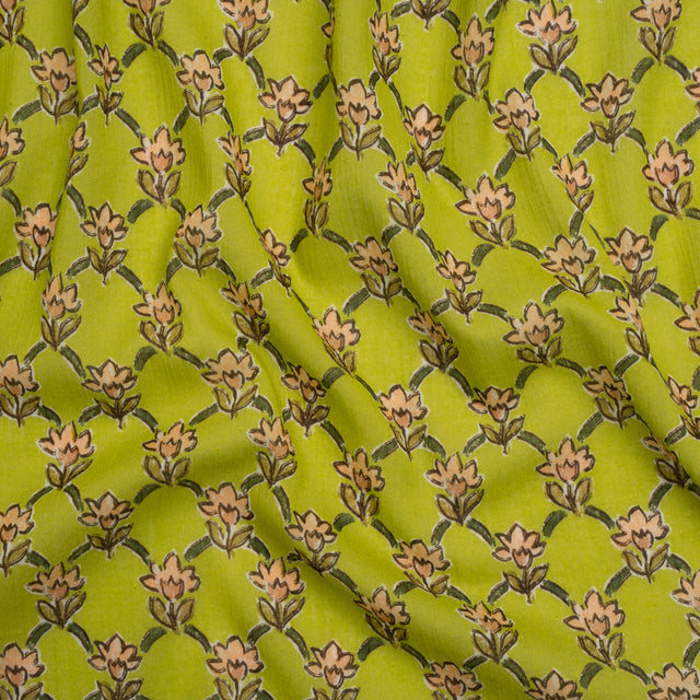Crinkled Cotton Gauzy Woven Print - Lime Green and Pink Floral Lattice - Mood Exclusive Tulip Trellis