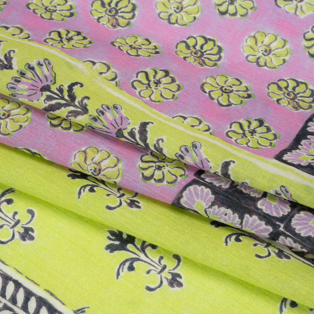 Crinkled Cotton Gauzy Woven Panel - Baby Pink and Lime Green Floral Patchwork - Mood Exclusive Oued Fes Folded