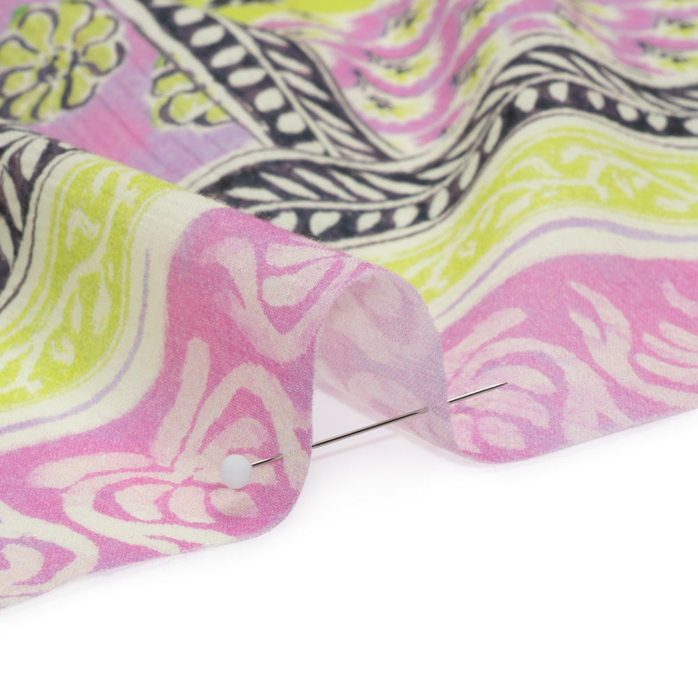 Crinkled Cotton Gauzy Woven Panel - Baby Pink and Lime Green Floral Patchwork - Mood Exclusive Oued Fes Detail