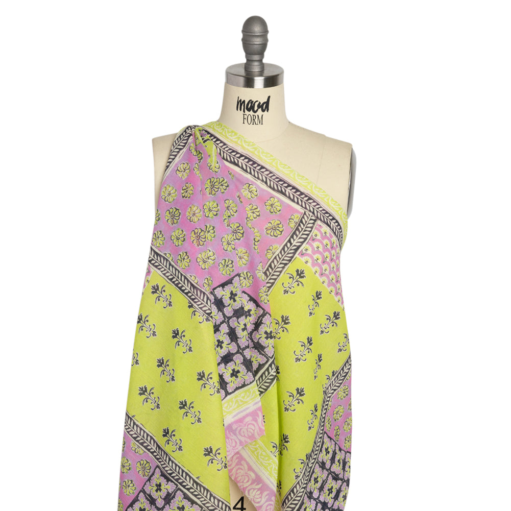 Crinkled Cotton Gauzy Woven Panel - Baby Pink and Lime Green Floral Patchwork - Mood Exclusive Oued Fes Drape