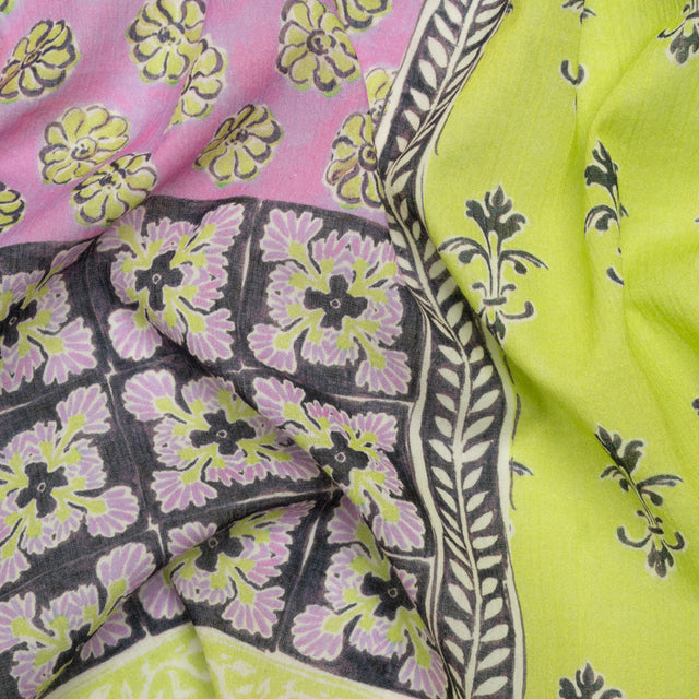 Crinkled Cotton Gauzy Woven Panel - Baby Pink and Lime Green Floral Patchwork - Mood Exclusive Oued Fes