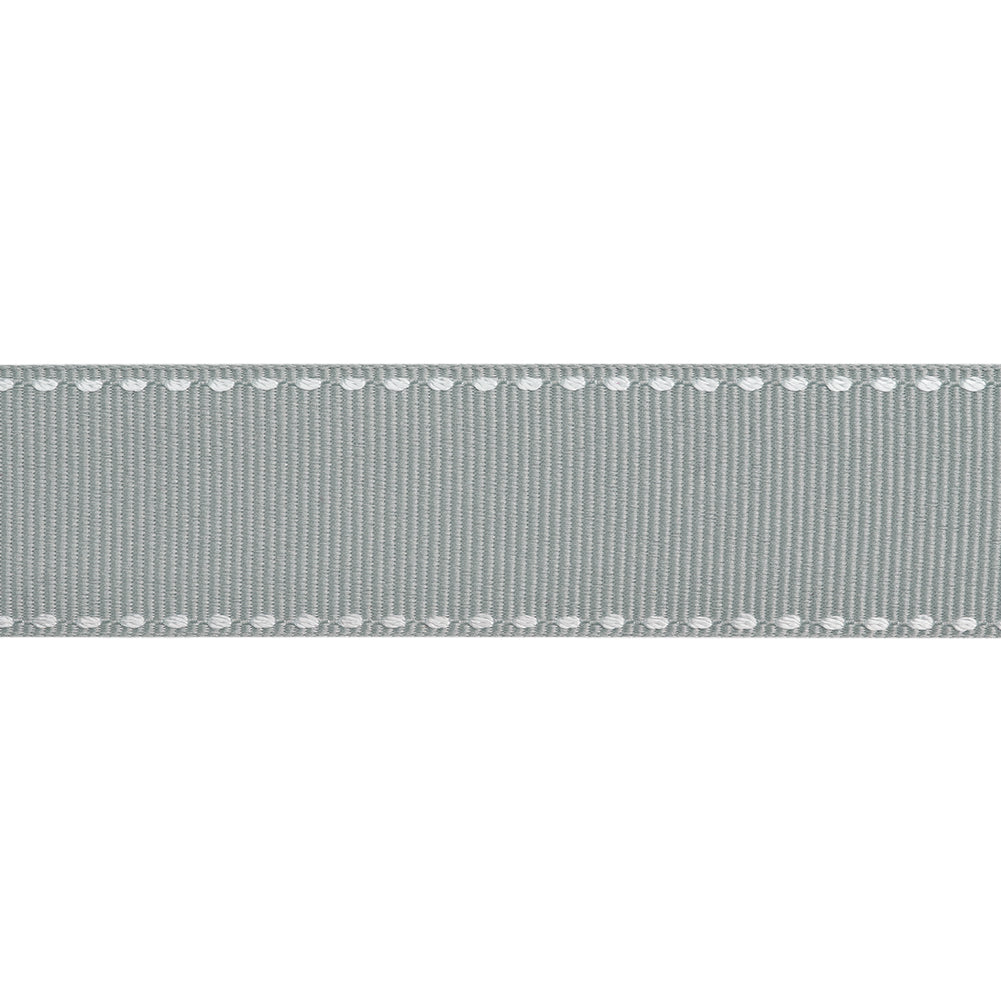 Grosgrain Ribbon with White Stitched Borders - Gray - 1" - Folded