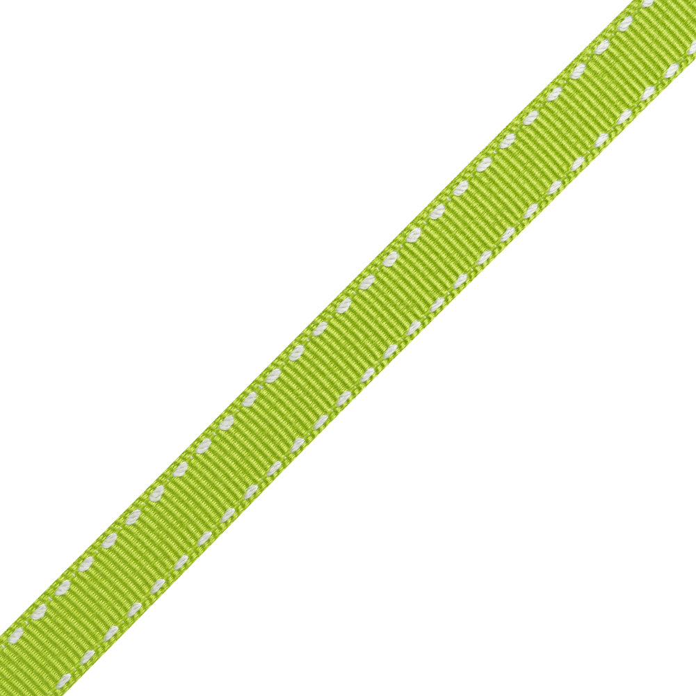 Grosgrain Ribbon with White Stitched Borders - Lime Green - 0.4375" - Folded