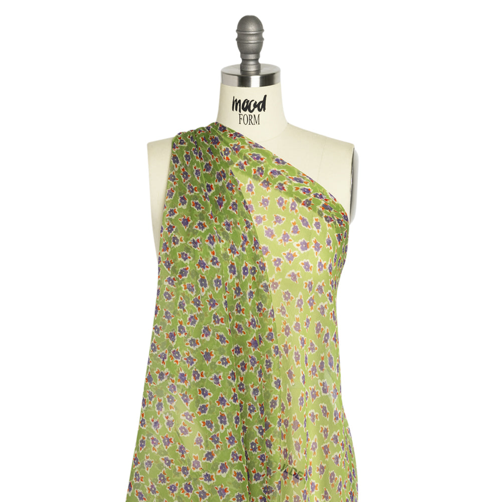 Green, Purple and Orange Little Flowers Crinkled Silk Chiffon Detail