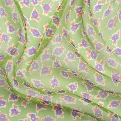 Green, Purple and Orange Little Flowers Crinkled Silk Chiffon