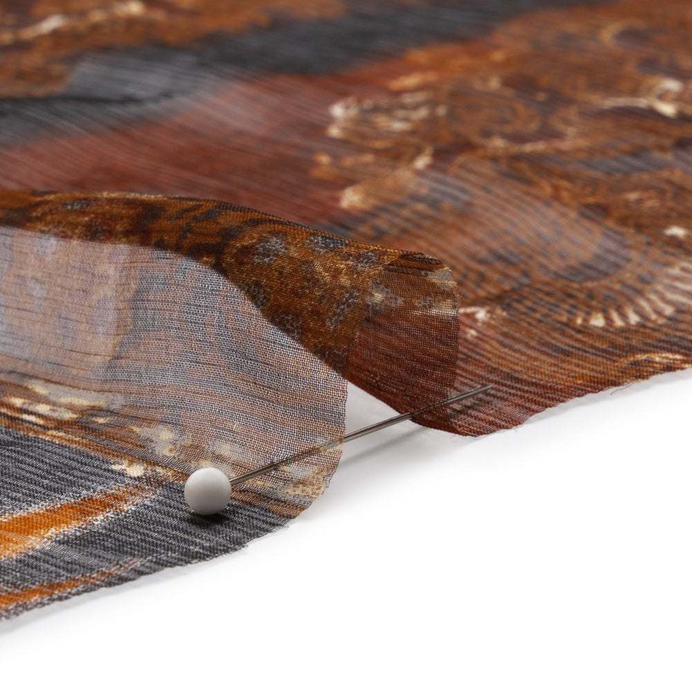 Brown, Rust and Black Decorated Stripes Crinkled Silk Chiffon Folded