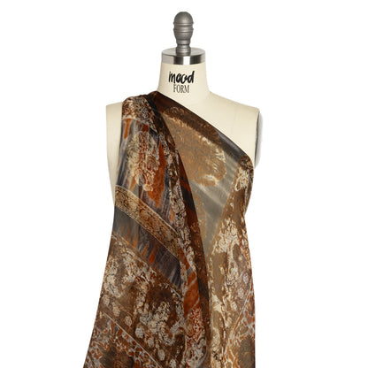 Brown, Rust and Black Decorated Stripes Crinkled Silk Chiffon Detail