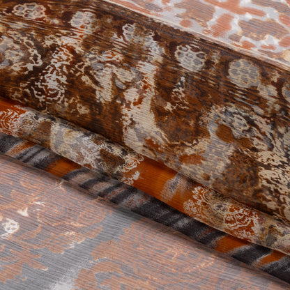 Brown, Rust and Black Decorated Stripes Crinkled Silk Chiffon Full