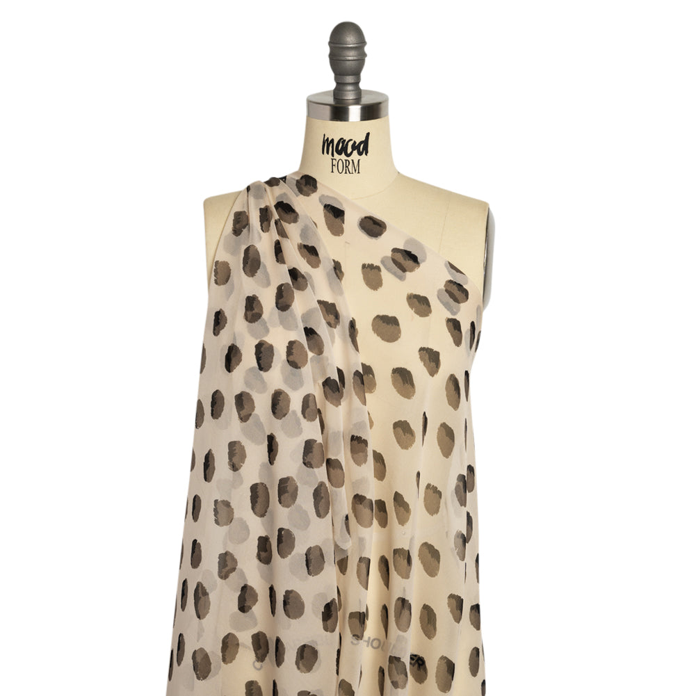 Cream, Black and Gray Brush Spots Silk Chiffon Detail