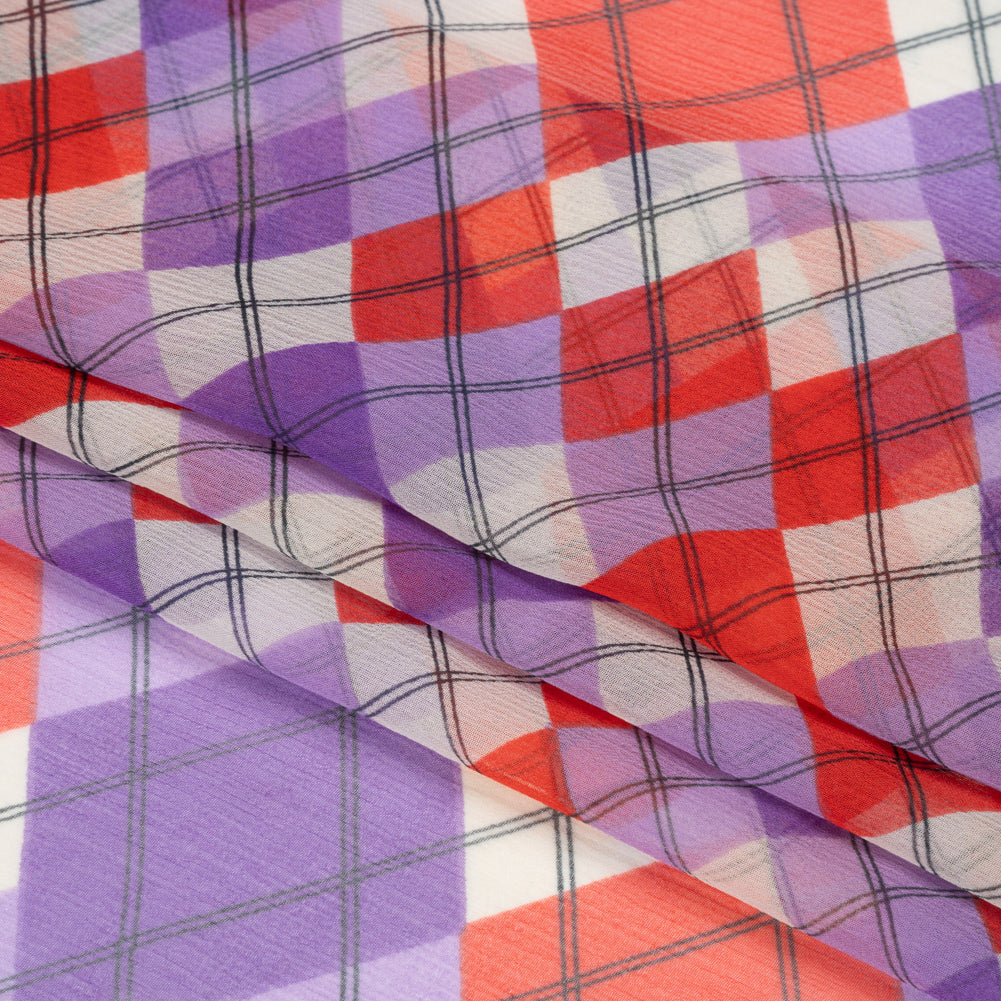 Purple, Red and Cream Argyle Crinkled Silk Chiffon Full