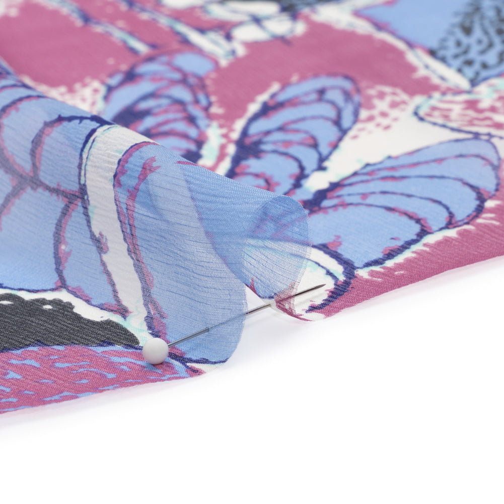 Periwinkle, Magenta and Black Flowers and Blocks Crinkled Silk Chiffon Folded