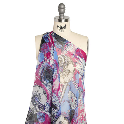Periwinkle, Magenta and Black Flowers and Blocks Crinkled Silk Chiffon Detail