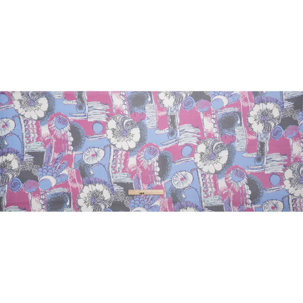 Periwinkle, Magenta and Black Flowers and Blocks Crinkled Silk Chiffon Drape
