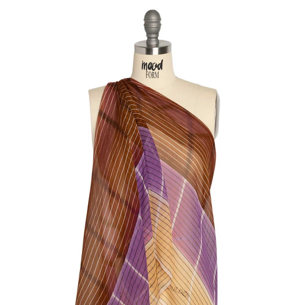 Brown, Beige and Purple Stripes and Rectangles Crinkled Chiffon Panel Detail