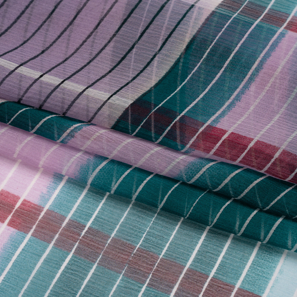 Teal, Lavender and Burgundy Stripes and Rectangles Crinkled Chiffon Panel Full