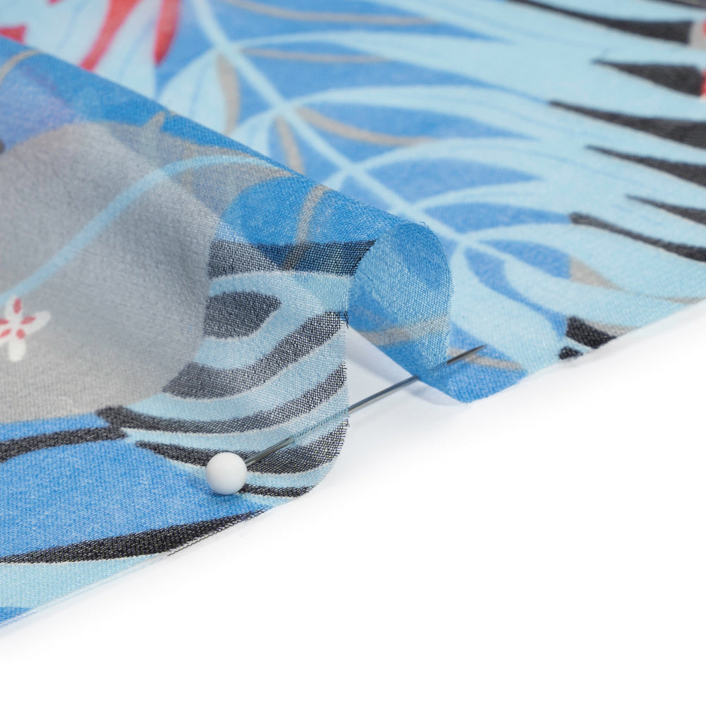 Blue, Black and Red Tropical Flora Silk Chiffon Folded