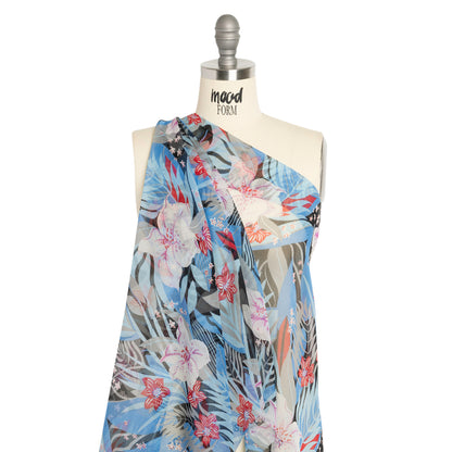 Blue, Black and Red Tropical Flora Silk Chiffon Detail