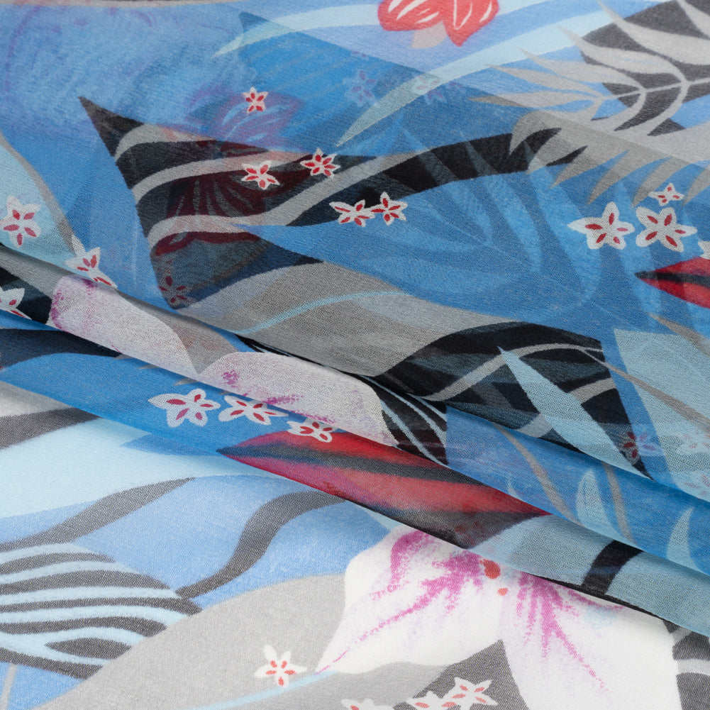 Blue, Black and Red Tropical Flora Silk Chiffon Full