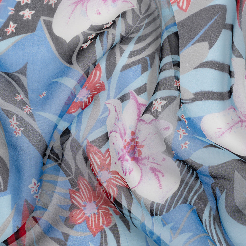 Blue, Black and Red Tropical Flora Silk Chiffon
