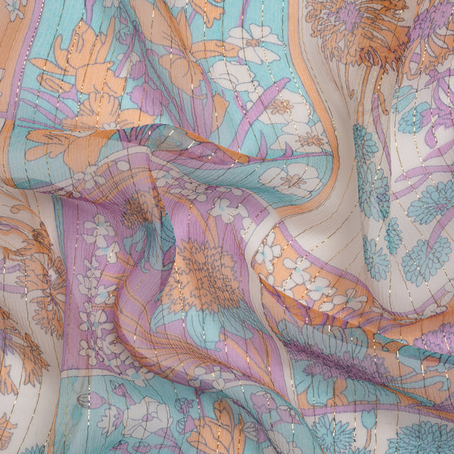 Orchid, Creamsicle and Blue Floral Patchwork Metallic Pinstriped Silk Chiffon