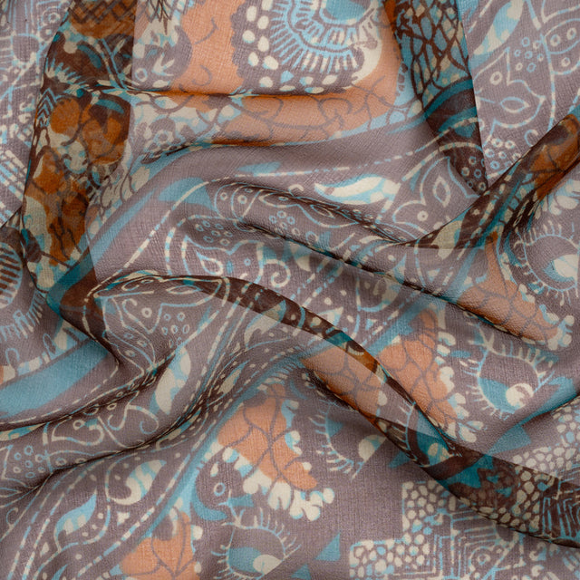 Brown, Orange and Teal Floral and Geometric Diagonal Stripes Silk Chiffon