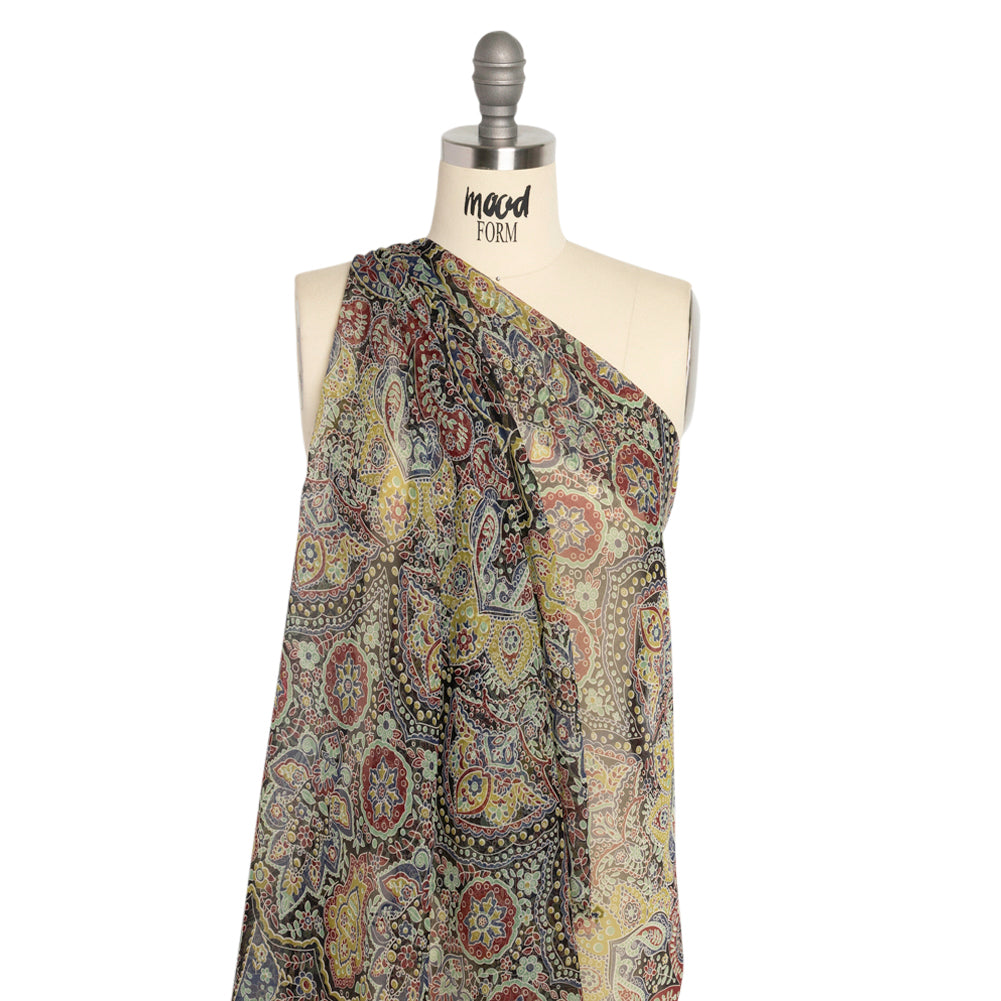 Lime, Blue and Black Floral Silk Chiffon Detail