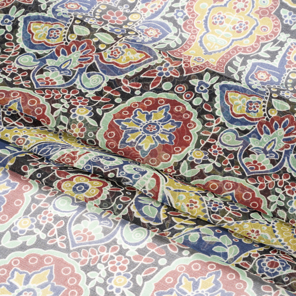 Lime, Blue and Black Floral Silk Chiffon Full