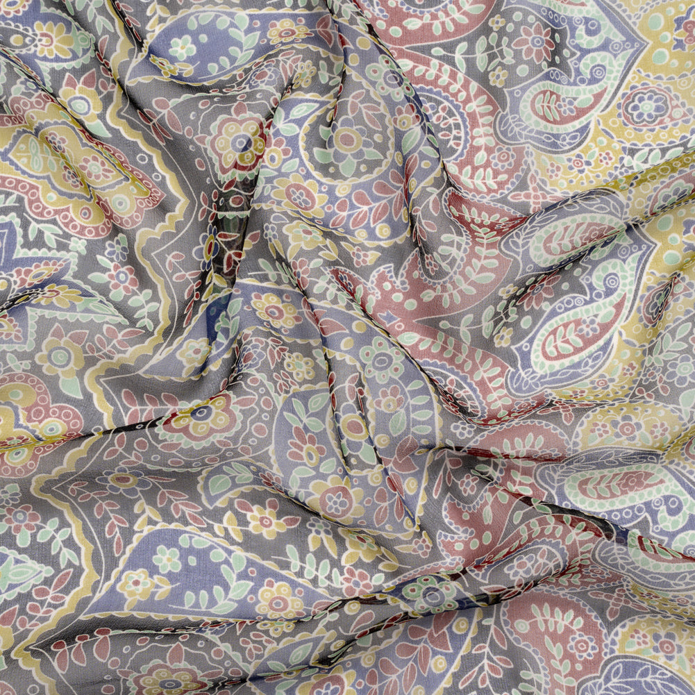 Lime, Blue and Black Floral Silk Chiffon
