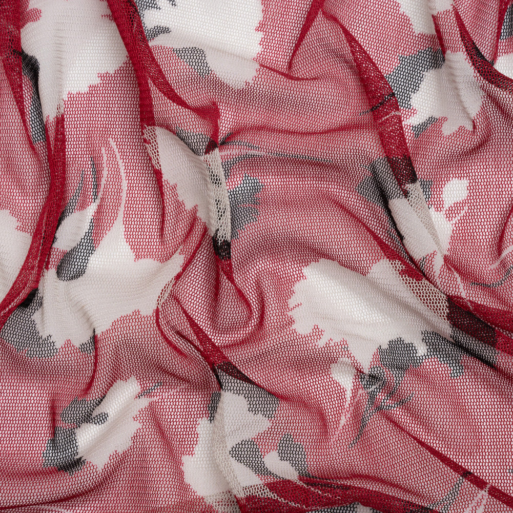 Floral Shadows Silk Tulle - Red, White and Black