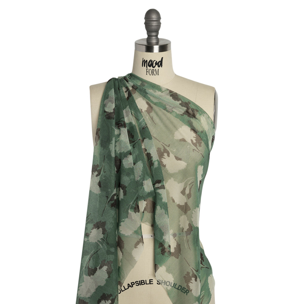 Floral Shadows Silk Tulle - Green, White and Black Detail