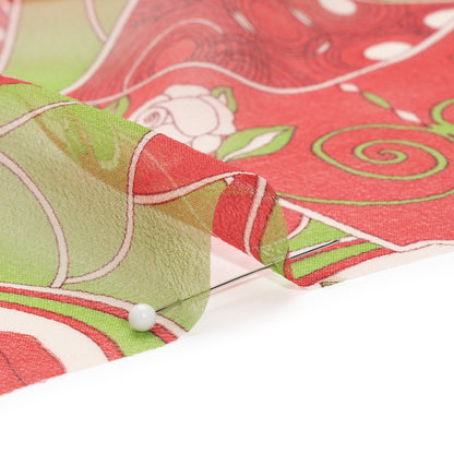 Red and Lime Geometry and Roses Silk Chiffon Folded