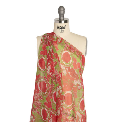 Red and Lime Geometry and Roses Silk Chiffon Detail