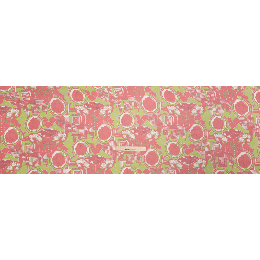 Red and Lime Geometry and Roses Silk Chiffon Drape