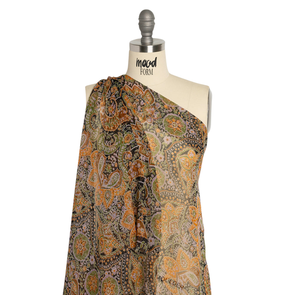 Brown, Green and Orange Floral Silk Chiffon Detail