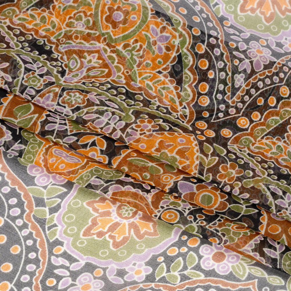 Brown, Green and Orange Floral Silk Chiffon Full