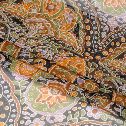 Brown, Green and Orange Floral Silk Chiffon Full