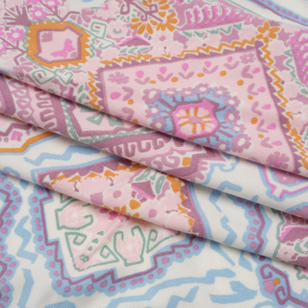 Stretch Polyester Jersey - Pale Pink, Baby Blue, and Golden Yellow Geometric Medallions Folded
