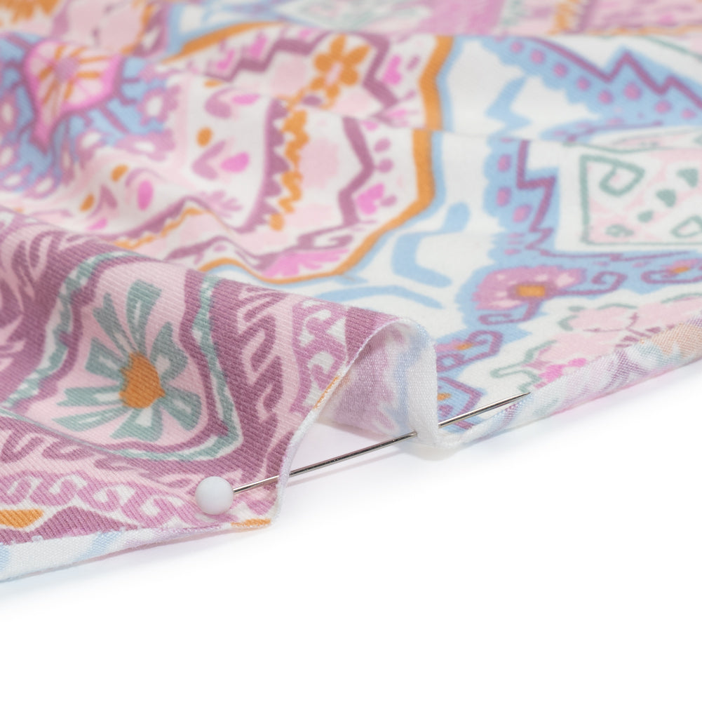 Stretch Polyester Jersey - Pale Pink, Baby Blue, and Golden Yellow Geometric Medallions Detail