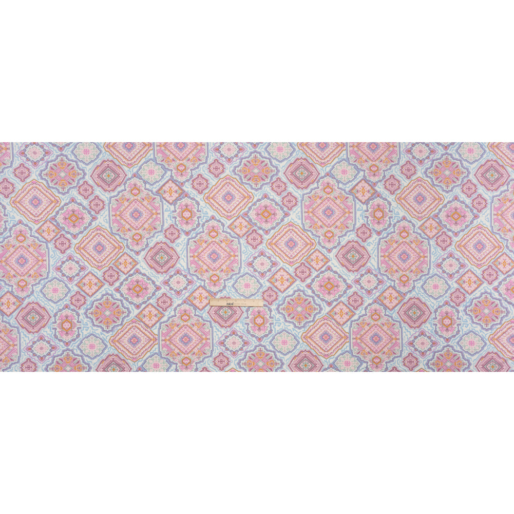 Stretch Polyester Jersey - Pale Pink, Baby Blue, and Golden Yellow Geometric Medallions Full