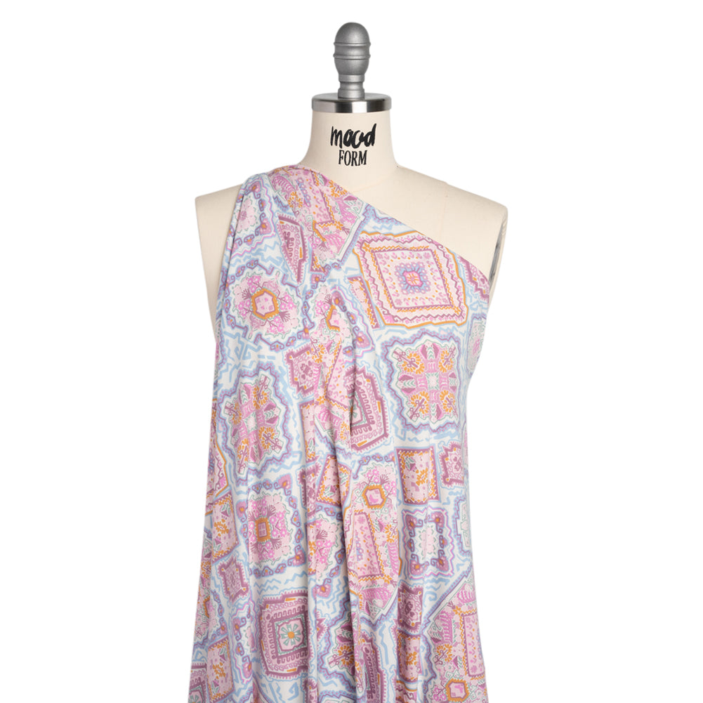 Stretch Polyester Jersey - Pale Pink, Baby Blue, and Golden Yellow Geometric Medallions Drape