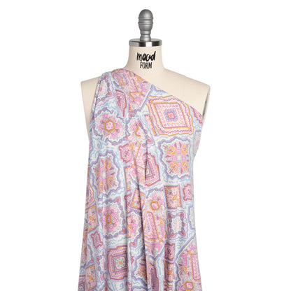 Stretch Polyester Jersey - Pale Pink, Baby Blue, and Golden Yellow Geometric Medallions Drape